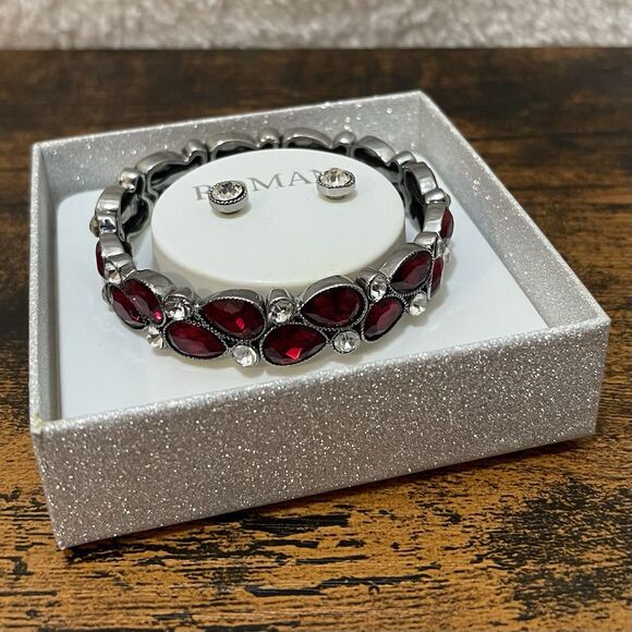 Roman Jewelry - Roman Bracelet Earring Set Red Rhinestone Jewelry Box NEW